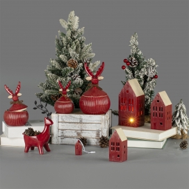 RED COLOR CERAMIC DECORATION-TEA LIGHT,HOUSE,ELK